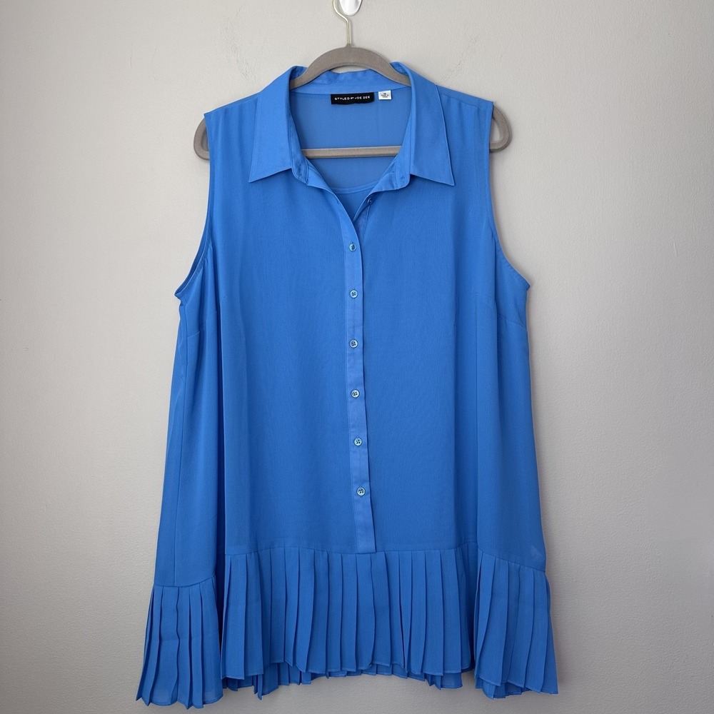 Styled By Joe Zee Blouse Womens 1X Blue‎ Pleated Hem Sleeveless Button Up Top